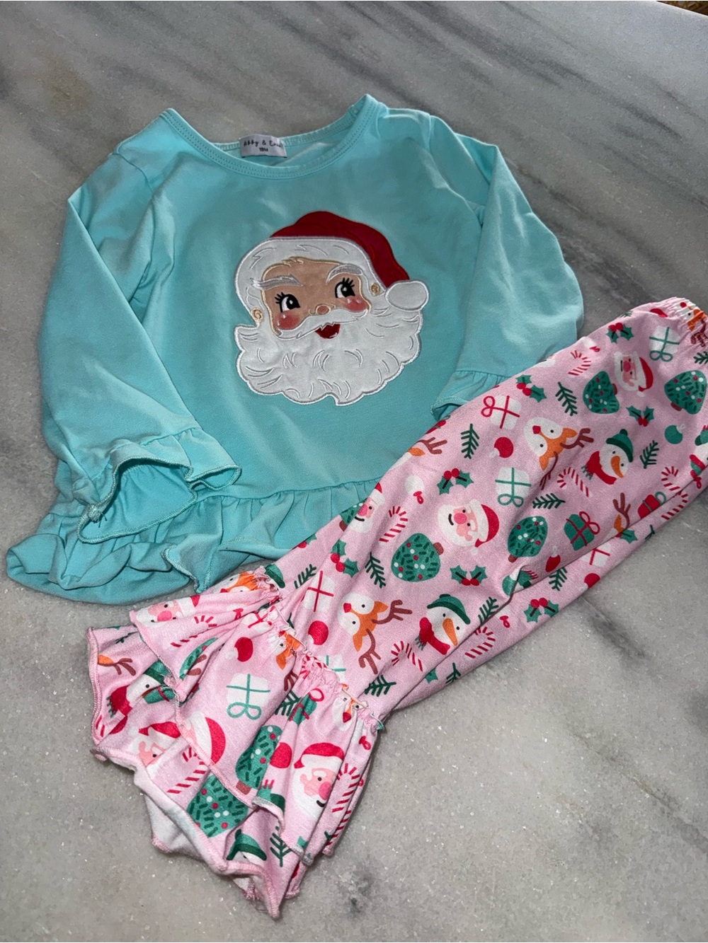 Abby and Evie Girls' Aqua Santa Top and Pink Holiday Print Set Size 18m